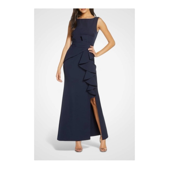Eliza J Ruffle Front Gown in Navy NWT - Picture 1 of 9